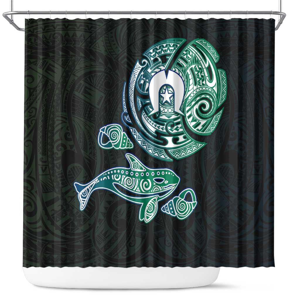 Whale and Dhari Torres Strait Islands Shower Curtain Deep Green Oceanic Tribal Pattern Art
