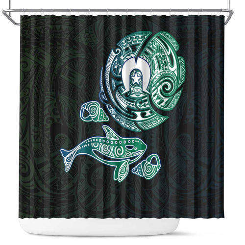 Whale and Dhari Torres Strait Islands Shower Curtain Deep Green Oceanic Tribal Pattern Art