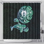 Whale and Dhari Torres Strait Islands Shower Curtain Deep Green Oceanic Tribal Pattern Art