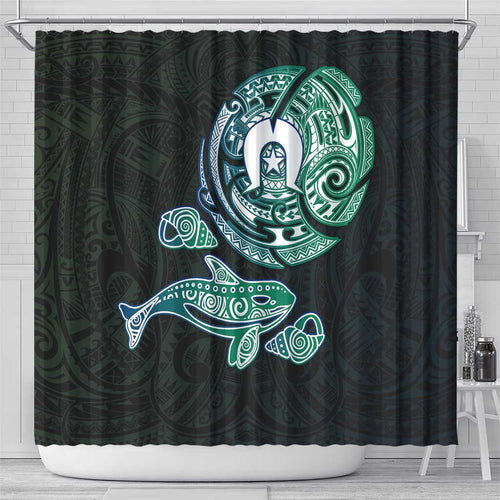 Whale and Dhari Torres Strait Islands Shower Curtain Deep Green Oceanic Tribal Pattern Art