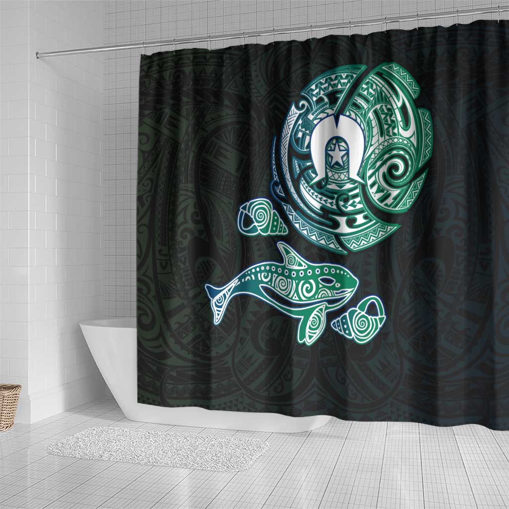Whale and Dhari Torres Strait Islands Shower Curtain Deep Green Oceanic Tribal Pattern Art