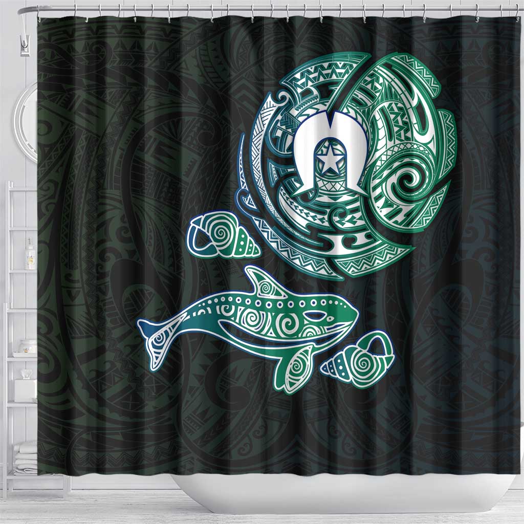 Whale and Dhari Torres Strait Islands Shower Curtain Deep Green Oceanic Tribal Pattern Art