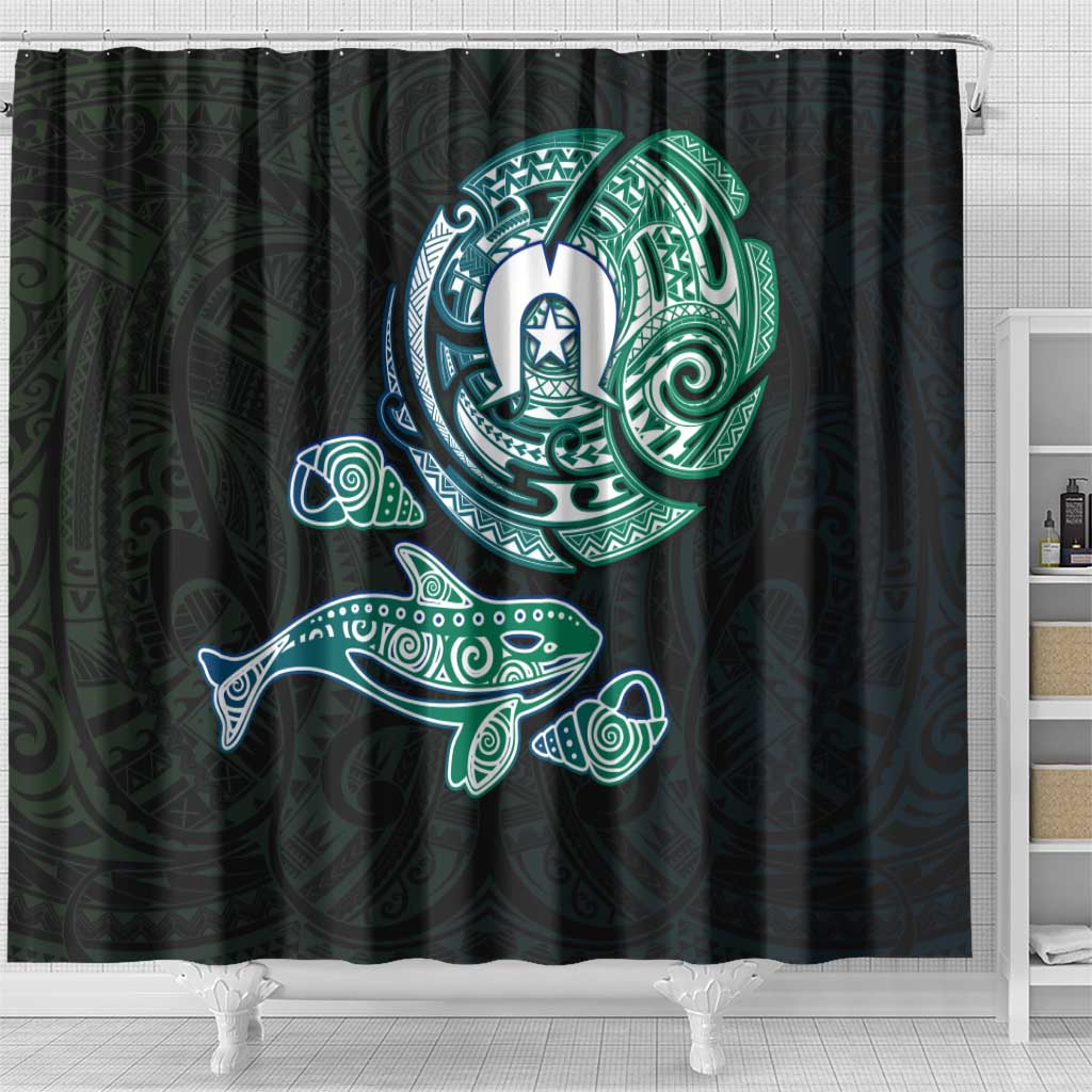 Whale and Dhari Torres Strait Islands Shower Curtain Deep Green Oceanic Tribal Pattern Art