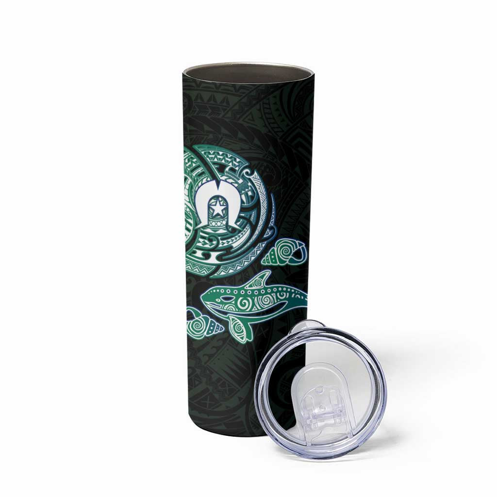 Whale and Dhari Torres Strait Islands Skinny Tumbler Deep Green Oceanic Tribal Pattern Art