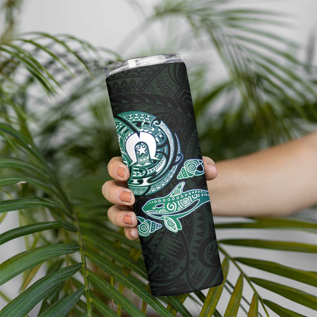 Whale and Dhari Torres Strait Islands Skinny Tumbler Deep Green Oceanic Tribal Pattern Art