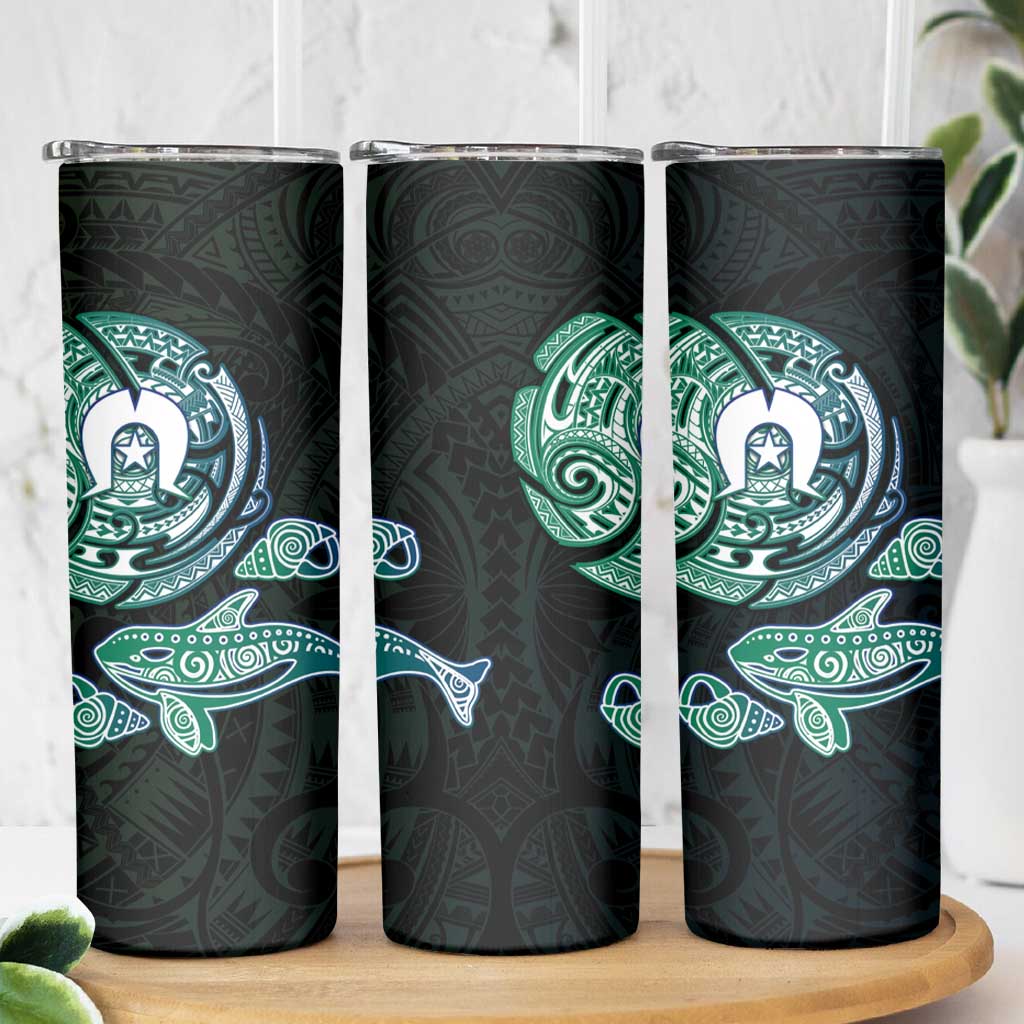 Whale and Dhari Torres Strait Islands Skinny Tumbler Deep Green Oceanic Tribal Pattern Art