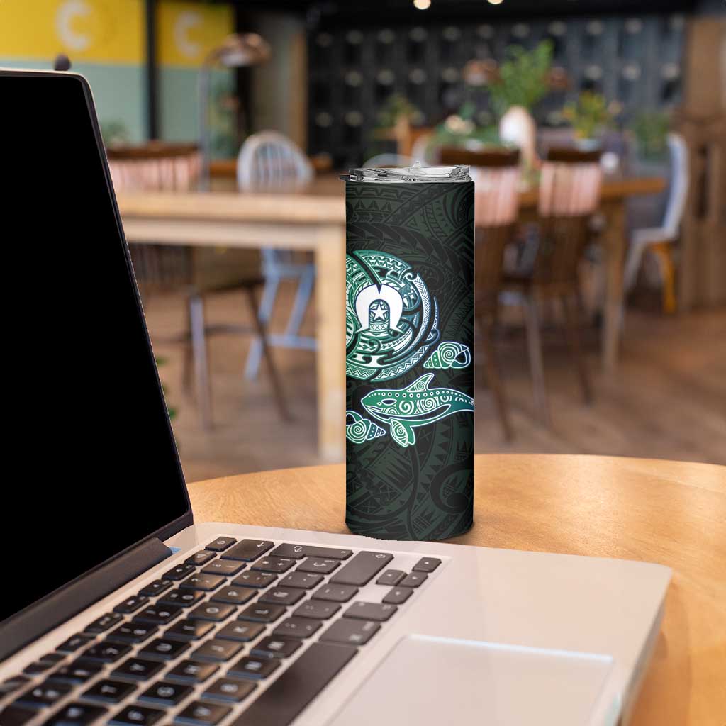 Whale and Dhari Torres Strait Islands Skinny Tumbler Deep Green Oceanic Tribal Pattern Art