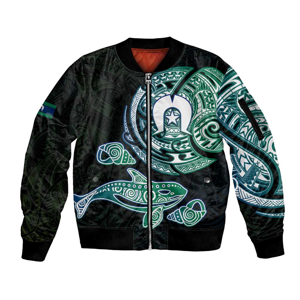 Whale and Dhari Torres Strait Islands Sleeve Zip Bomber Jacket Deep Green Oceanic Tribal Pattern Art