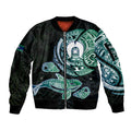 Whale and Dhari Torres Strait Islands Sleeve Zip Bomber Jacket Deep Green Oceanic Tribal Pattern Art