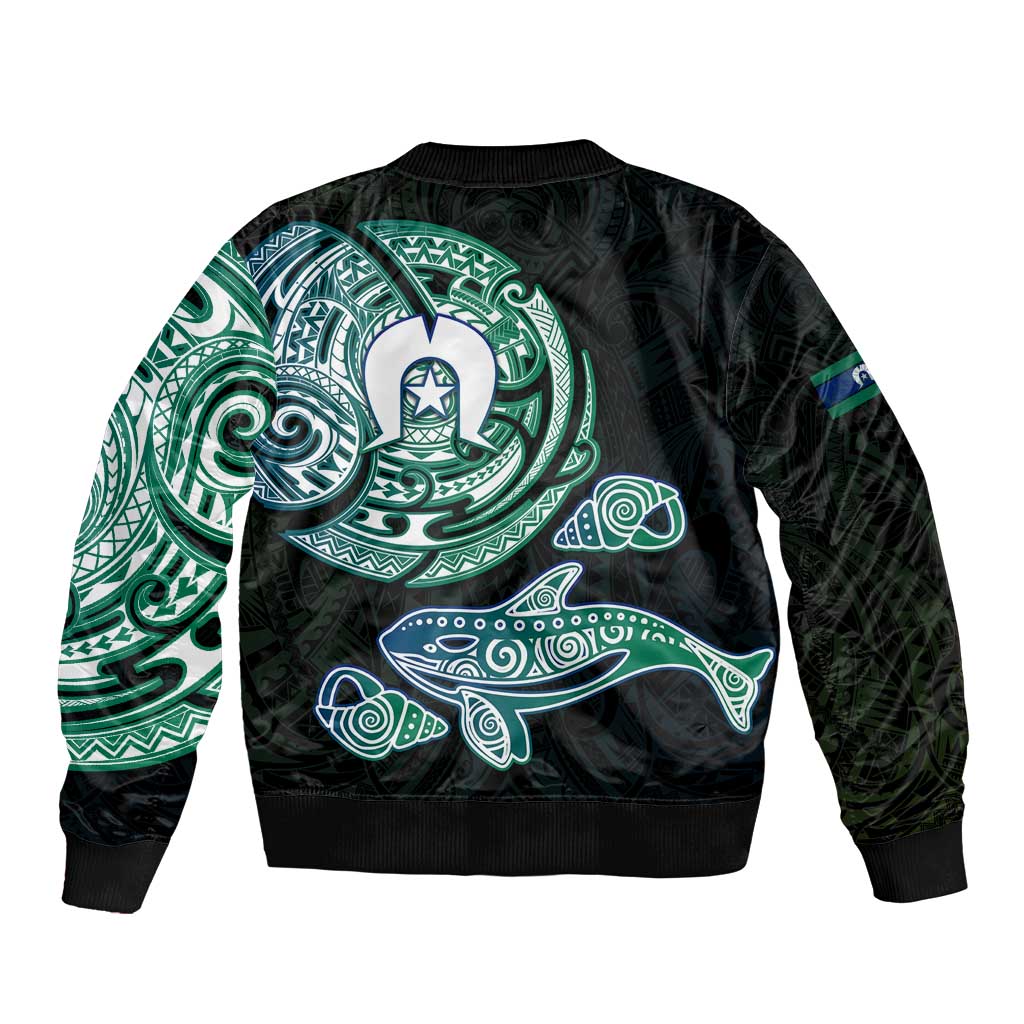 Whale and Dhari Torres Strait Islands Sleeve Zip Bomber Jacket Deep Green Oceanic Tribal Pattern Art