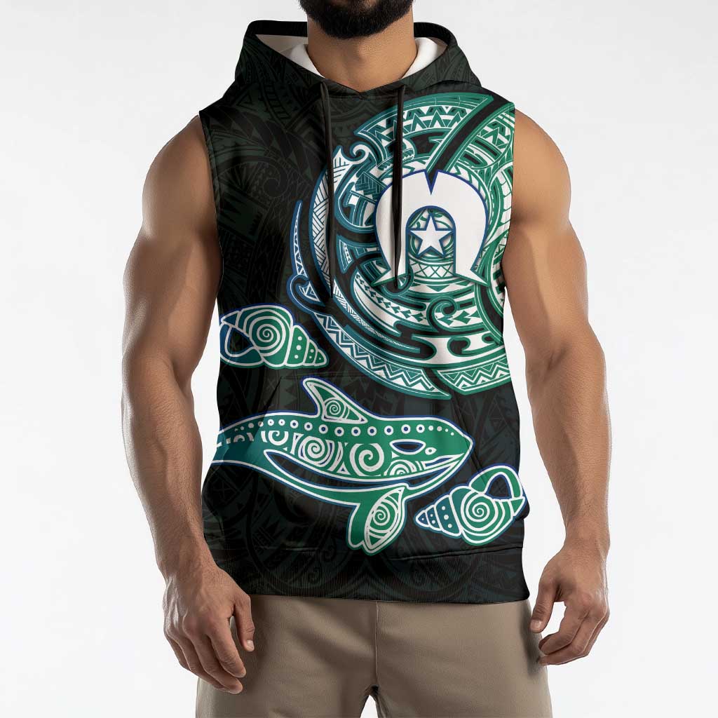 Whale and Dhari Torres Strait Islands Sleeveless Hoodie Deep Green Oceanic Tribal Pattern Art