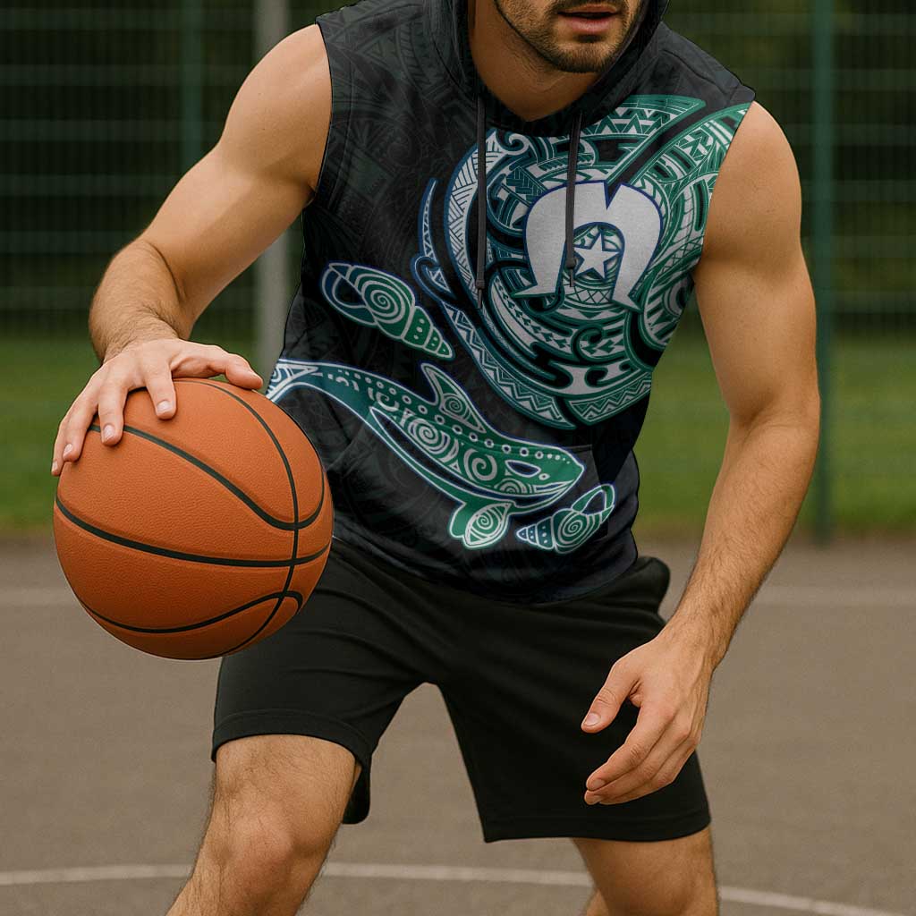 Whale and Dhari Torres Strait Islands Sleeveless Hoodie Deep Green Oceanic Tribal Pattern Art
