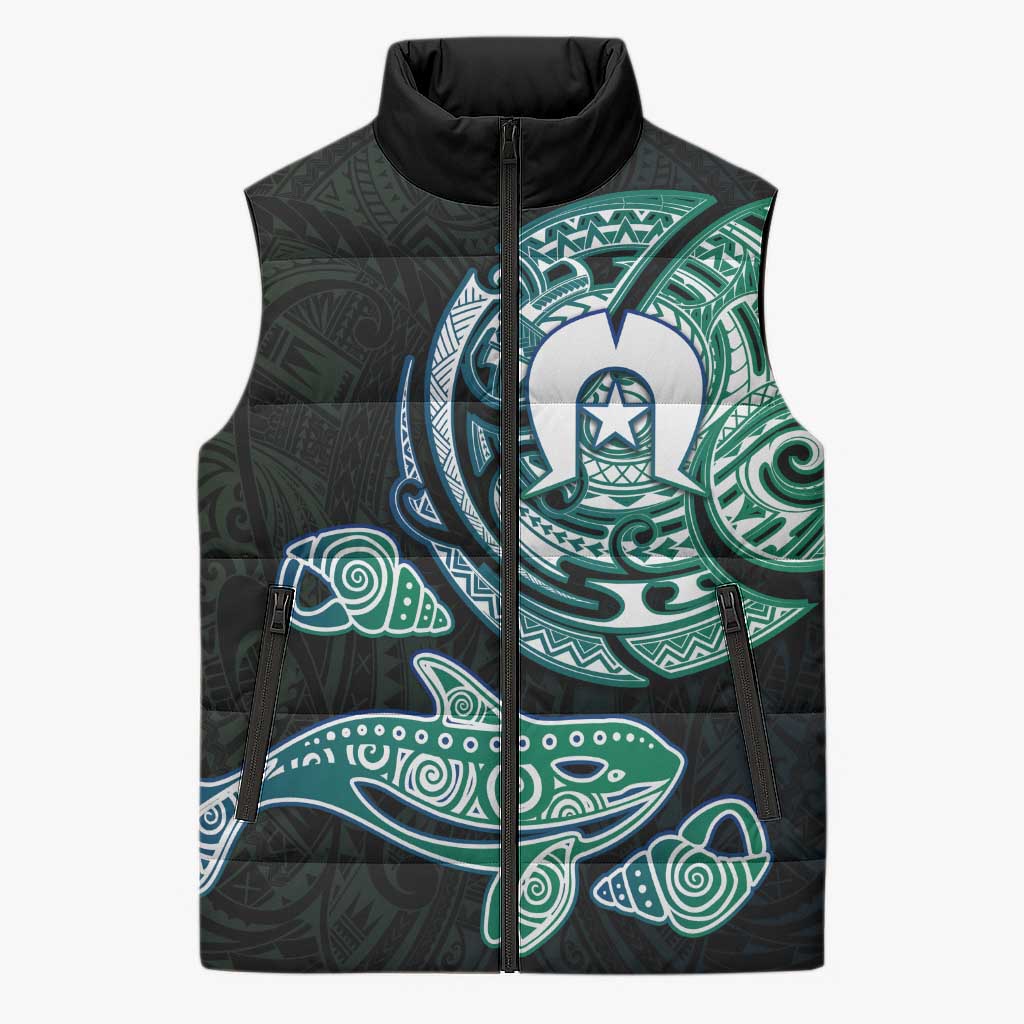 Whale and Dhari Torres Strait Islands Sleeveless Puffer Jacket Deep Green Oceanic Tribal Pattern Art