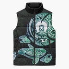Whale and Dhari Torres Strait Islands Sleeveless Puffer Jacket Deep Green Oceanic Tribal Pattern Art
