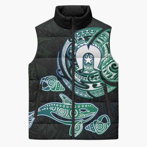 Whale and Dhari Torres Strait Islands Sleeveless Puffer Jacket Deep Green Oceanic Tribal Pattern Art
