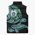 Whale and Dhari Torres Strait Islands Sleeveless Puffer Jacket Deep Green Oceanic Tribal Pattern Art