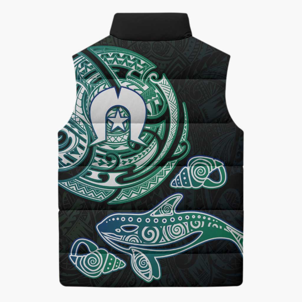 Whale and Dhari Torres Strait Islands Sleeveless Puffer Jacket Deep Green Oceanic Tribal Pattern Art