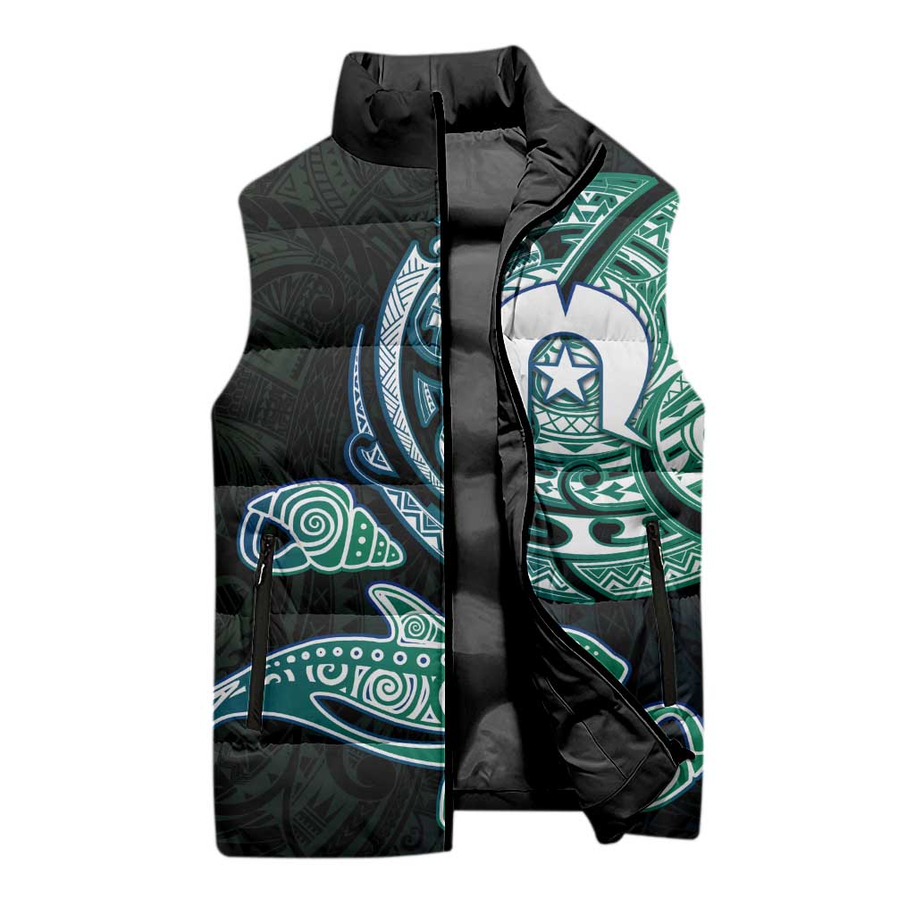Whale and Dhari Torres Strait Islands Sleeveless Puffer Jacket Deep Green Oceanic Tribal Pattern Art