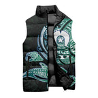 Whale and Dhari Torres Strait Islands Sleeveless Puffer Jacket Deep Green Oceanic Tribal Pattern Art