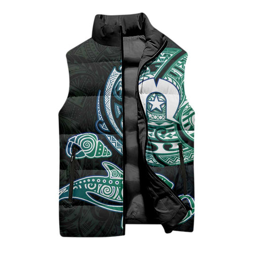 Whale and Dhari Torres Strait Islands Sleeveless Puffer Jacket Deep Green Oceanic Tribal Pattern Art