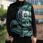 Whale and Dhari Torres Strait Islands Sleeveless Puffer Jacket Deep Green Oceanic Tribal Pattern Art