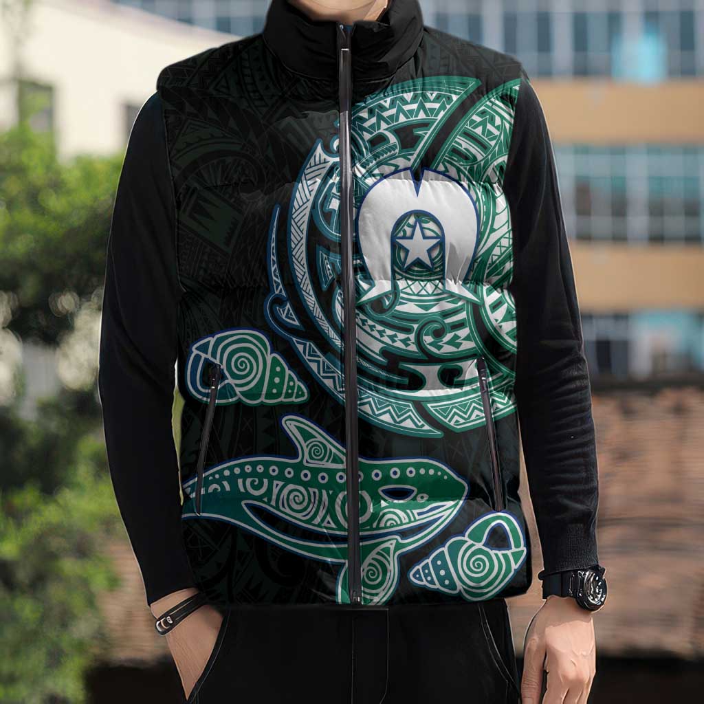 Whale and Dhari Torres Strait Islands Sleeveless Puffer Jacket Deep Green Oceanic Tribal Pattern Art