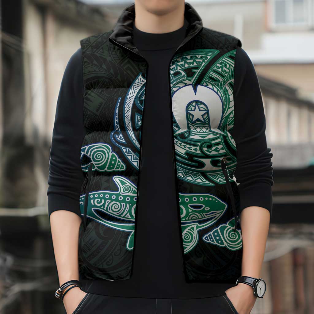 Whale and Dhari Torres Strait Islands Sleeveless Puffer Jacket Deep Green Oceanic Tribal Pattern Art