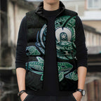 Whale and Dhari Torres Strait Islands Sleeveless Puffer Jacket Deep Green Oceanic Tribal Pattern Art