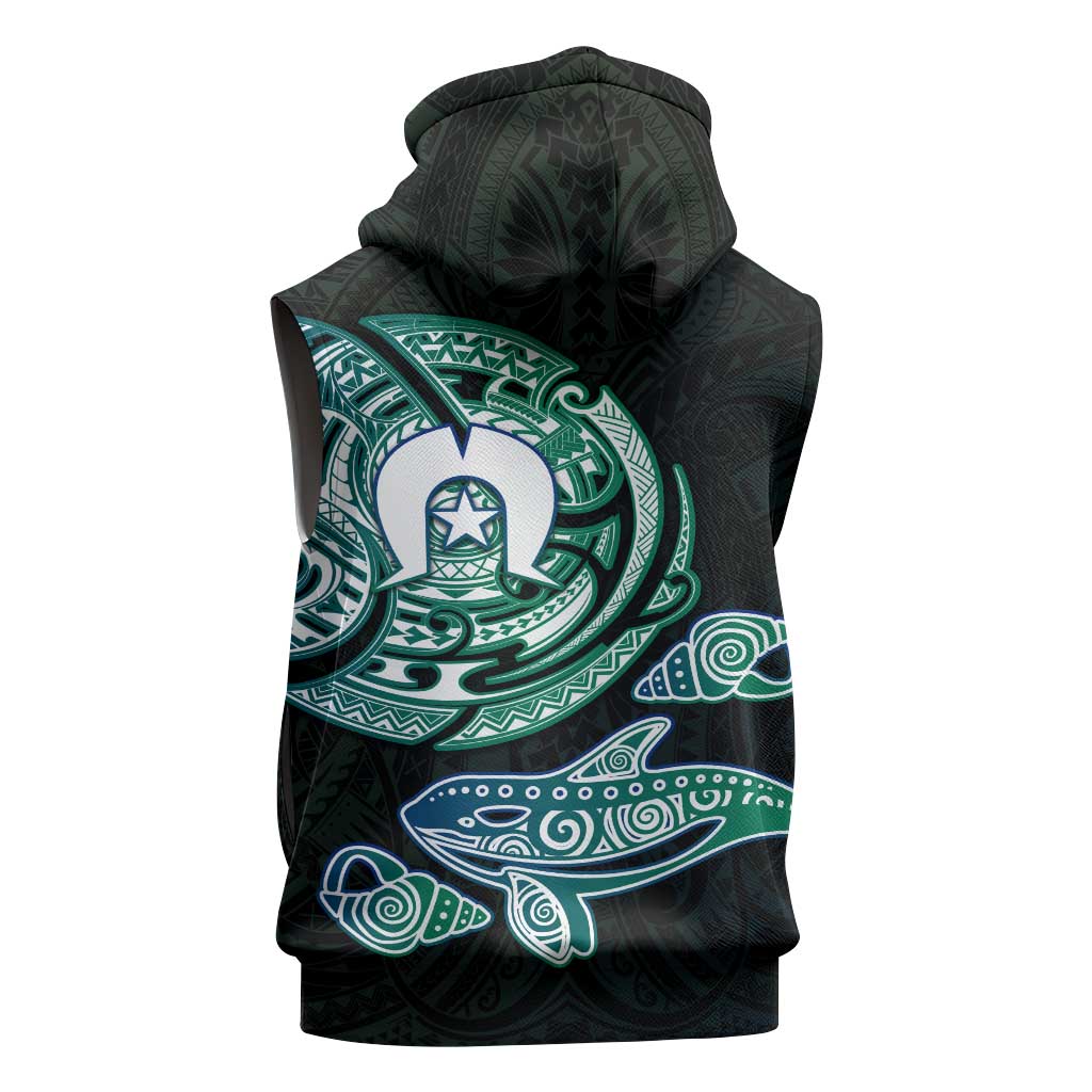 Whale and Dhari Torres Strait Islands Sleeveless Zip Hoodie Deep Green Oceanic Tribal Pattern Art