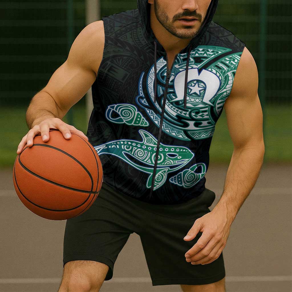 Whale and Dhari Torres Strait Islands Sleeveless Zip Hoodie Deep Green Oceanic Tribal Pattern Art