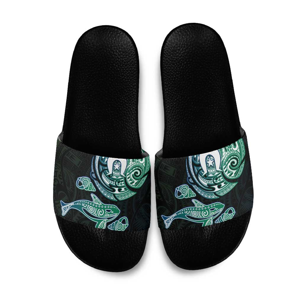 Whale and Dhari Torres Strait Islands Slide Sandals Deep Green Oceanic Tribal Pattern Art