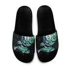 Whale and Dhari Torres Strait Islands Slide Sandals Deep Green Oceanic Tribal Pattern Art