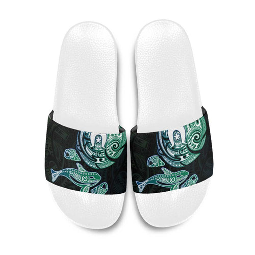 Whale and Dhari Torres Strait Islands Slide Sandals Deep Green Oceanic Tribal Pattern Art