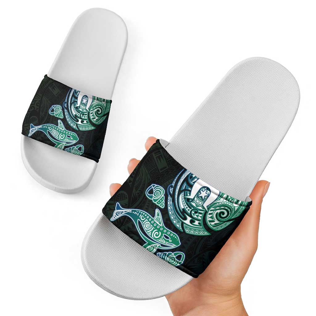 Whale and Dhari Torres Strait Islands Slide Sandals Deep Green Oceanic Tribal Pattern Art