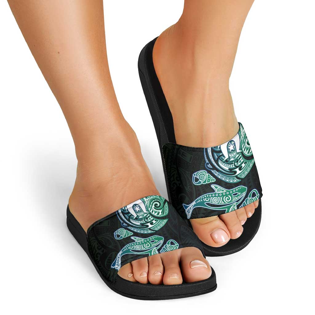 Whale and Dhari Torres Strait Islands Slide Sandals Deep Green Oceanic Tribal Pattern Art