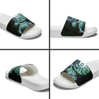 Whale and Dhari Torres Strait Islands Slide Sandals Deep Green Oceanic Tribal Pattern Art