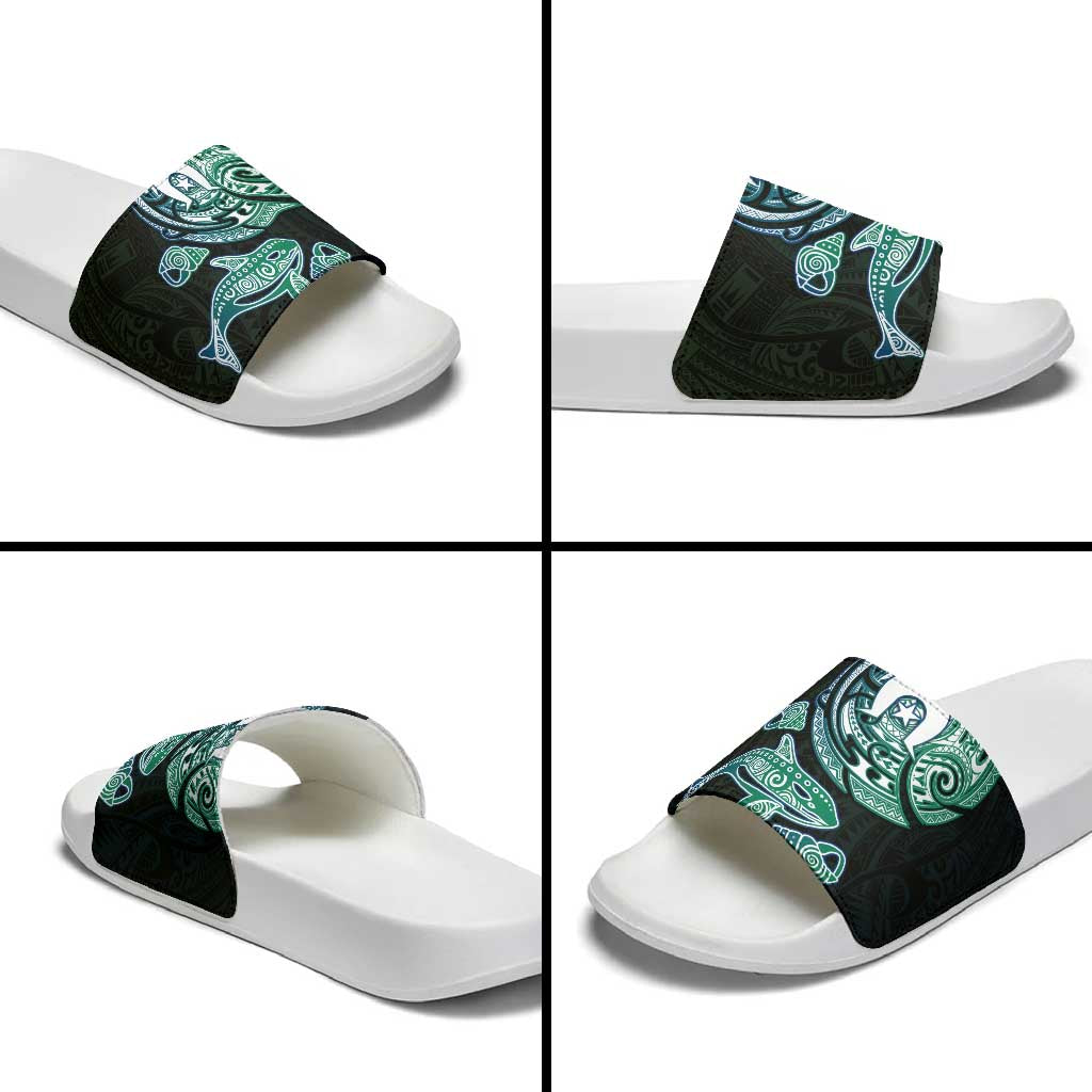 Whale and Dhari Torres Strait Islands Slide Sandals Deep Green Oceanic Tribal Pattern Art