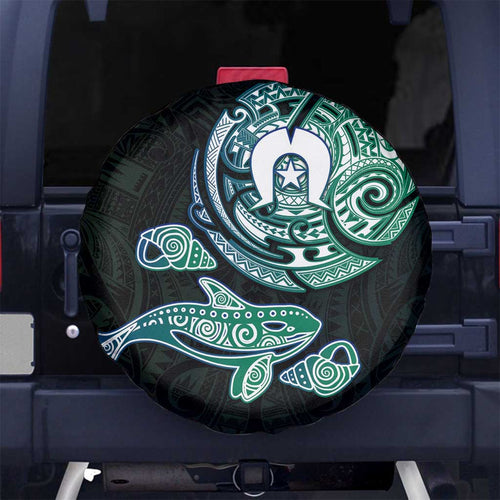 Whale and Dhari Torres Strait Islands Spare Tire Cover Deep Green Oceanic Tribal Pattern Art