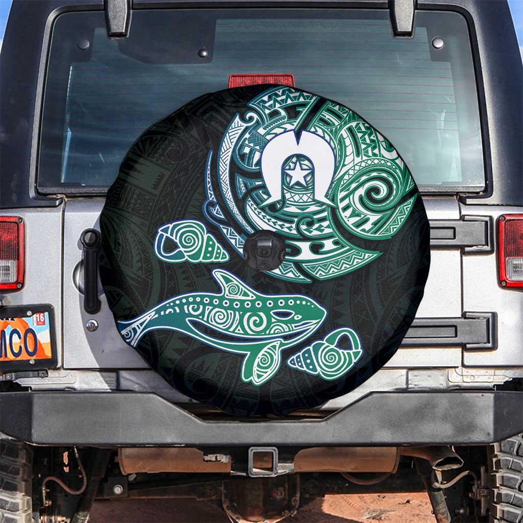 Whale and Dhari Torres Strait Islands Spare Tire Cover Deep Green Oceanic Tribal Pattern Art