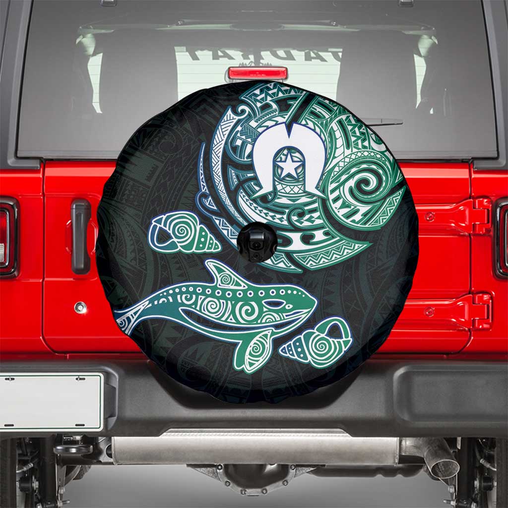 Whale and Dhari Torres Strait Islands Spare Tire Cover Deep Green Oceanic Tribal Pattern Art
