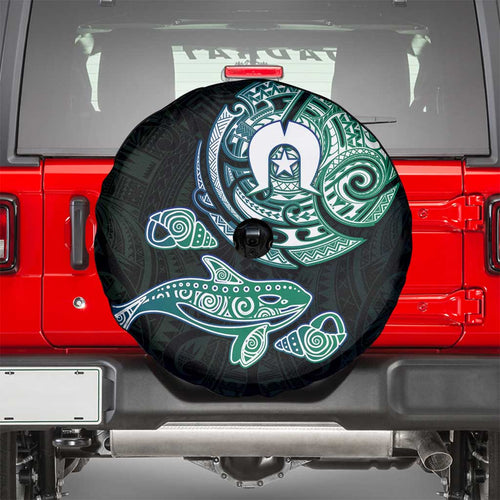 Whale and Dhari Torres Strait Islands Spare Tire Cover Deep Green Oceanic Tribal Pattern Art