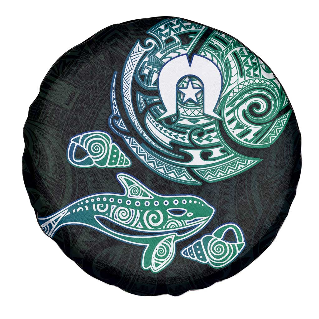 Whale and Dhari Torres Strait Islands Spare Tire Cover Deep Green Oceanic Tribal Pattern Art