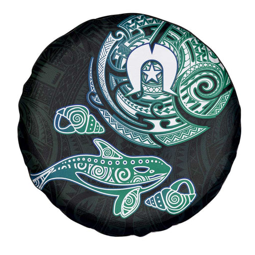 Whale and Dhari Torres Strait Islands Spare Tire Cover Deep Green Oceanic Tribal Pattern Art