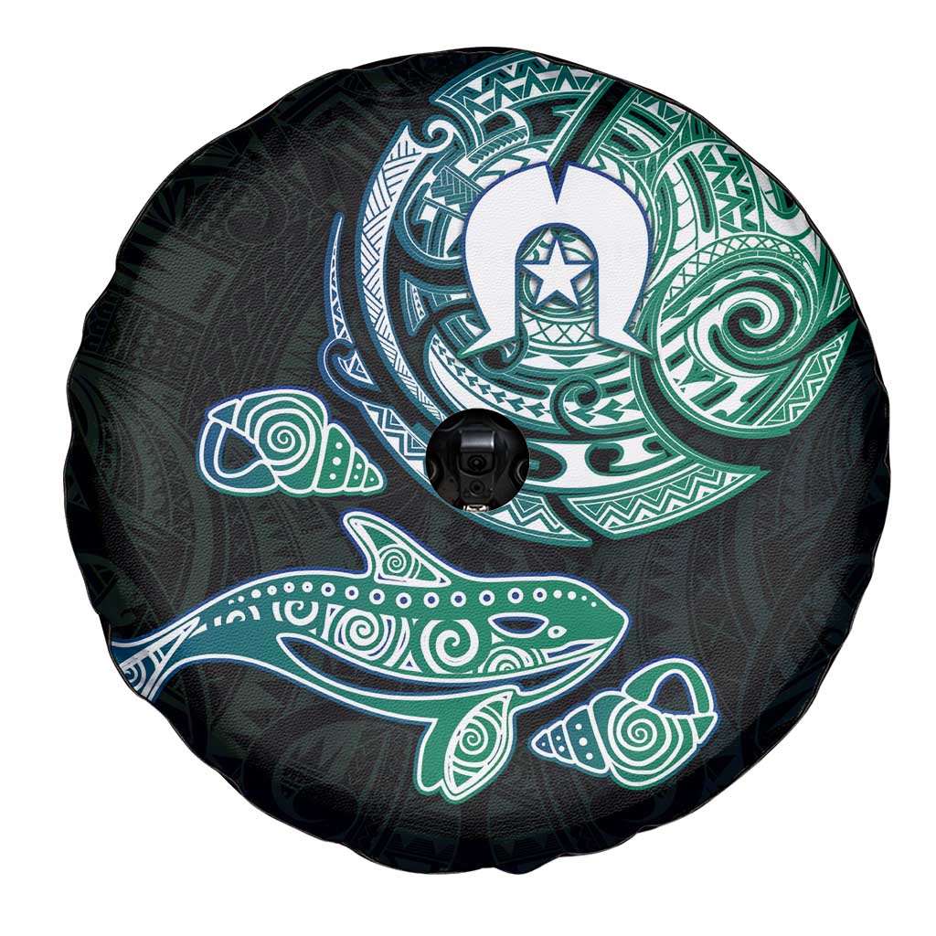 Whale and Dhari Torres Strait Islands Spare Tire Cover Deep Green Oceanic Tribal Pattern Art