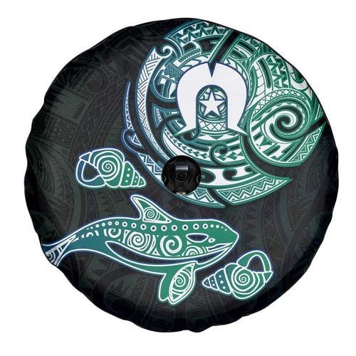 Whale and Dhari Torres Strait Islands Spare Tire Cover Deep Green Oceanic Tribal Pattern Art