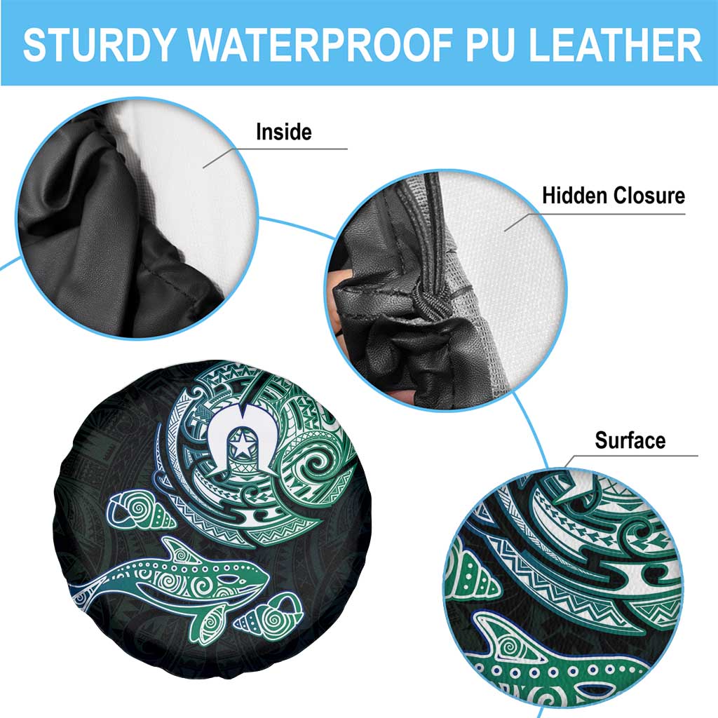 Whale and Dhari Torres Strait Islands Spare Tire Cover Deep Green Oceanic Tribal Pattern Art