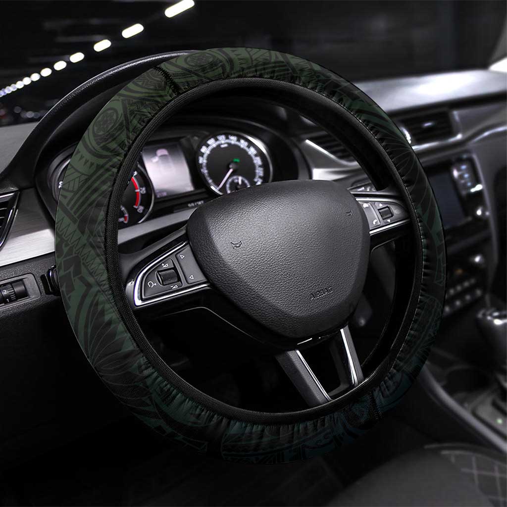 Whale and Dhari Torres Strait Islands Steering Wheel Cover Deep Green Oceanic Tribal Pattern Art