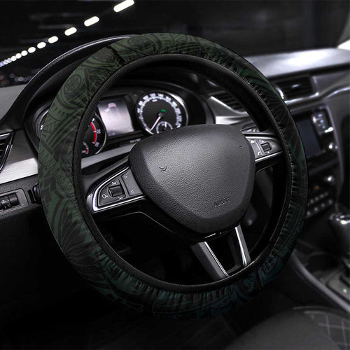 Whale and Dhari Torres Strait Islands Steering Wheel Cover Deep Green Oceanic Tribal Pattern Art
