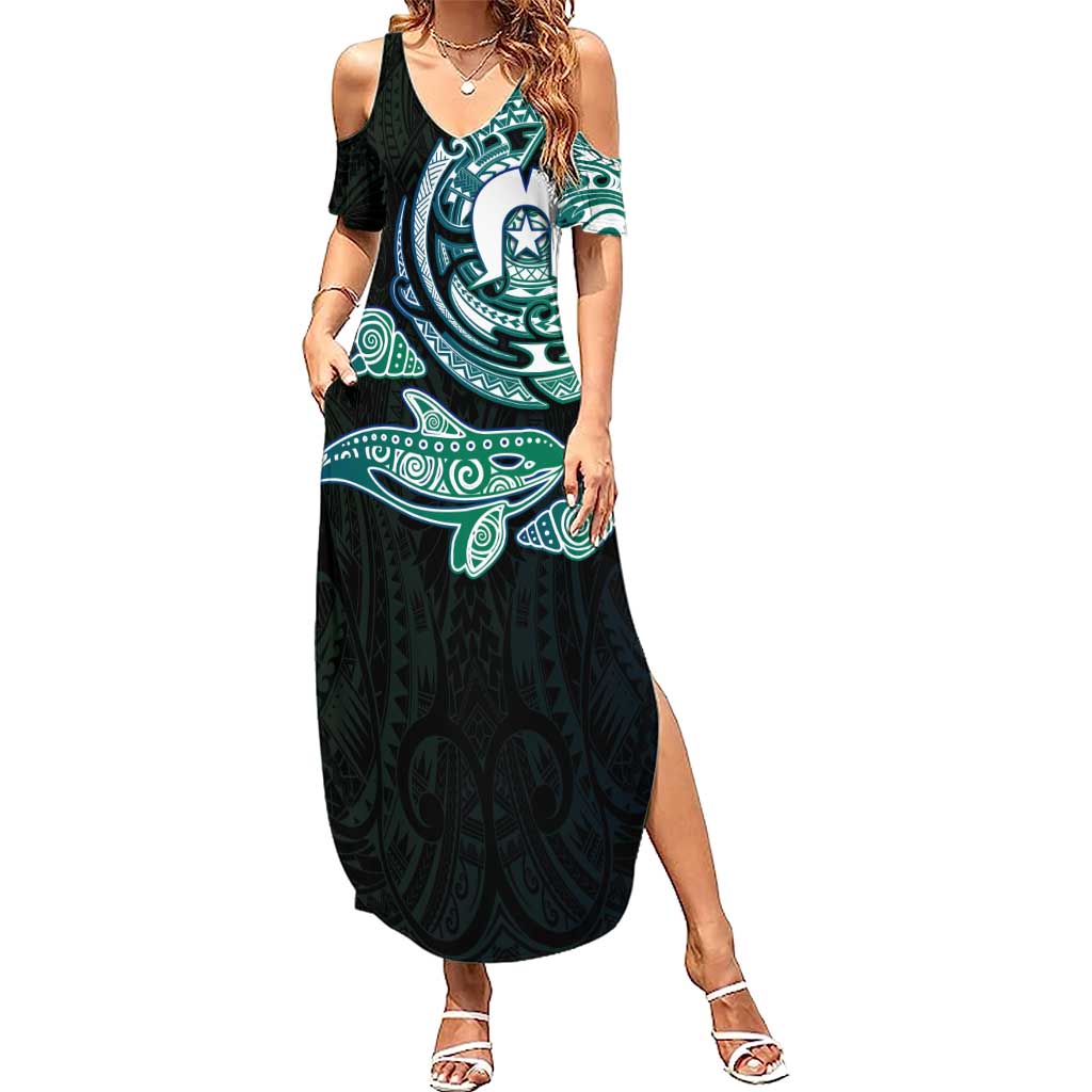 Whale and Dhari Torres Strait Islands Summer Maxi Dress Deep Green Oceanic Tribal Pattern Art