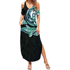 Whale and Dhari Torres Strait Islands Summer Maxi Dress Deep Green Oceanic Tribal Pattern Art